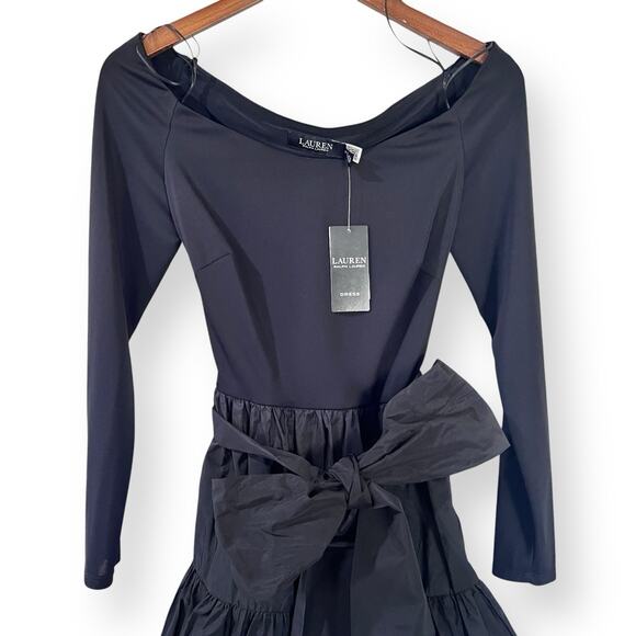 NWT Lauren Ralph Lauren Off Shoulder Dress Size 6 Taffeta Tiered Skirt Bow Belt - Picture 6 of 11